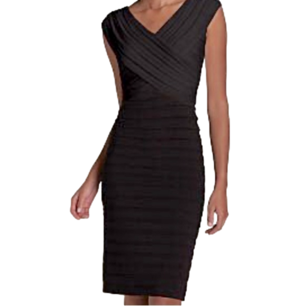 Adrianna Papell Cap Sleeve Black Pleated V-Neck Dress - Women’s Size 10
